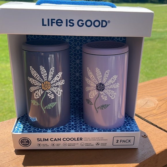 Life is Good 2-Pack Slim Can Coolers Purple Daisy Design The Art of Optimism - Picture 2 of 9